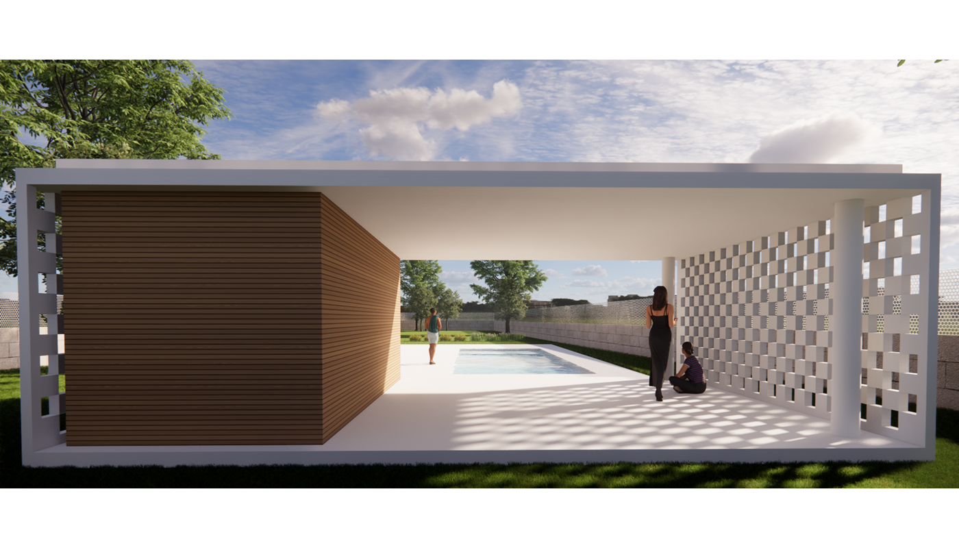 Construcción y diseño de piscina y vestuarios con zona de sombre en Vilanova de Arosa. Oficina de arquitectura en Pontevedra.